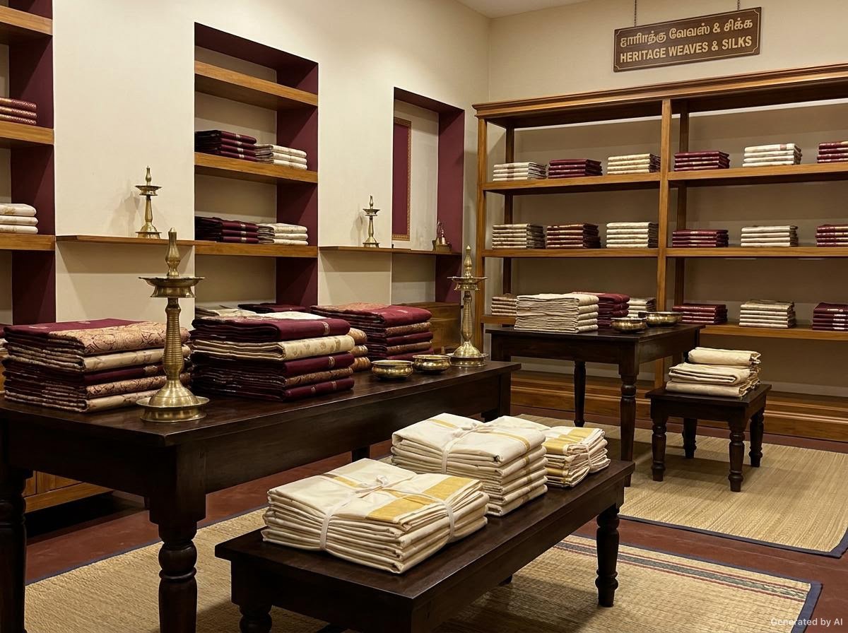 Traditional silk sarees displayed in a heritage-inspired textile store