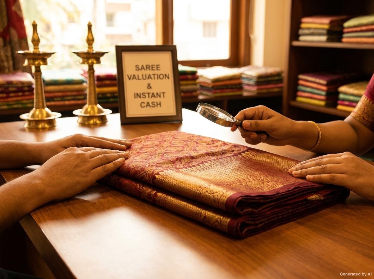 Close-up silk saree valuation process